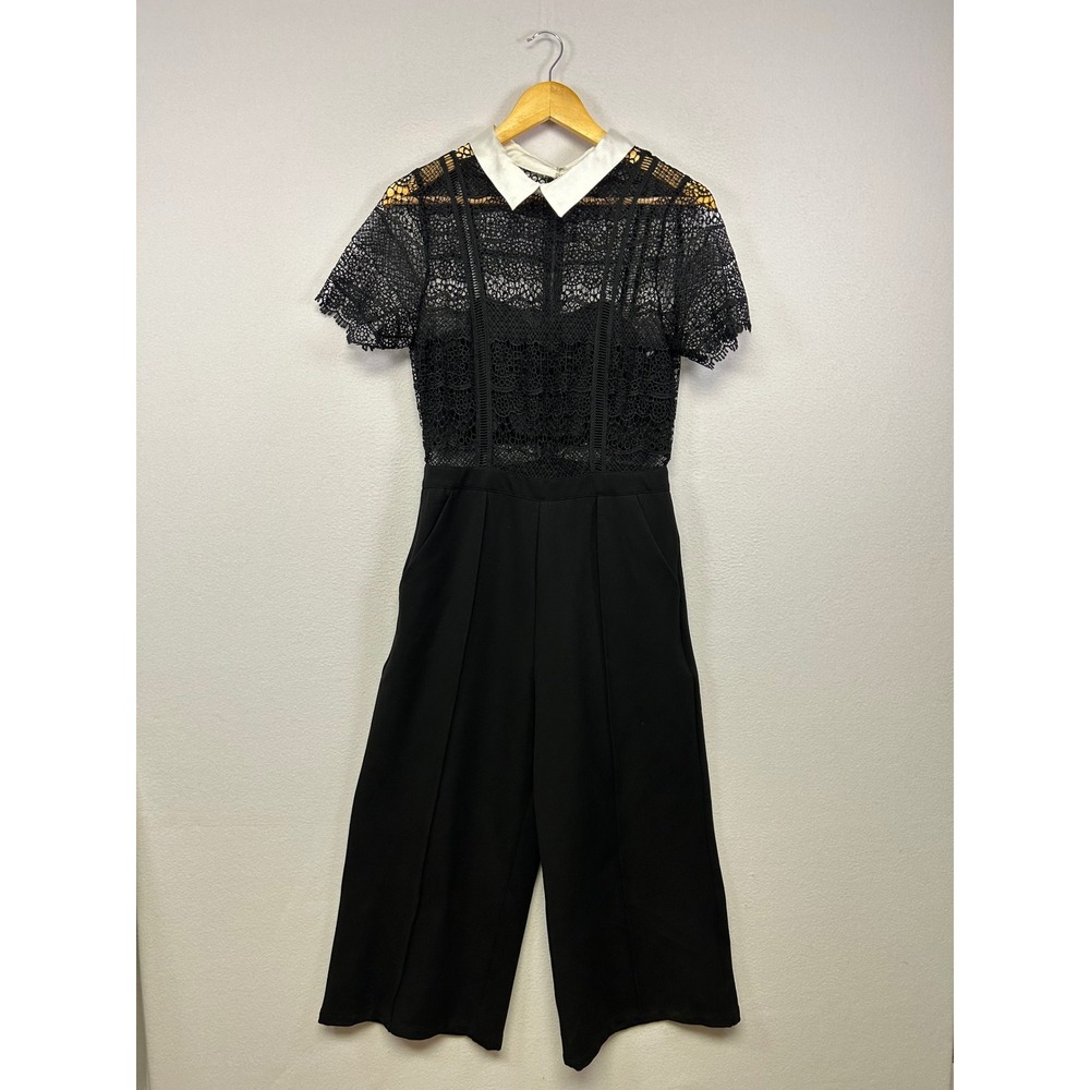 Dark Academia Venus Womens 10 Black Lace Contrast Collar Wide Leg Jumpsuit